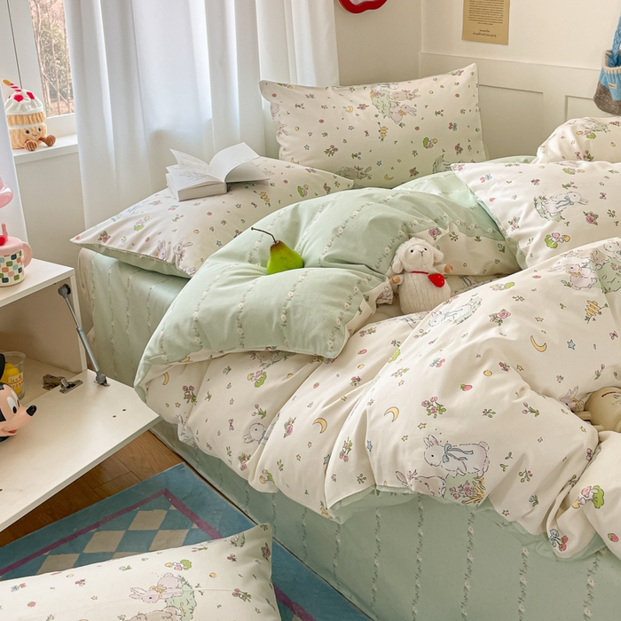 91家纺网 家纺一手货源 找家纺 首尔家纺 2026新款全棉纯棉小清新四件套 月下小兔