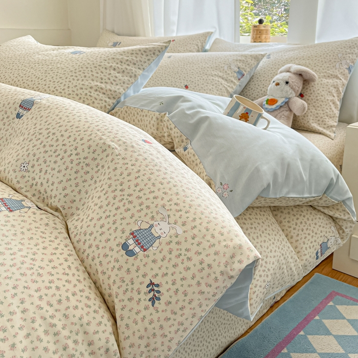 91家纺网 家纺一手货源 找家纺 首尔家纺 2026新款全棉纯棉小清新四件套 奶呼兔兔-米