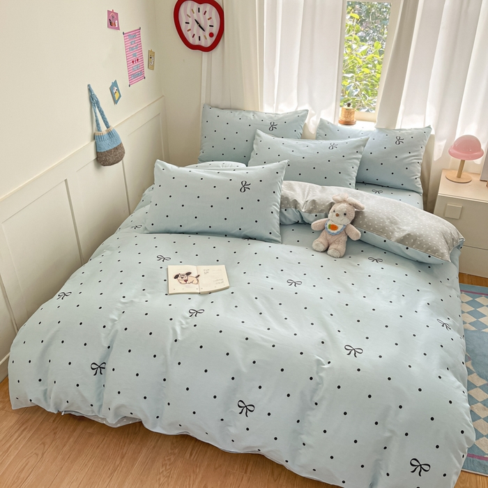 91家纺网 家纺一手货源 找家纺 首尔家纺 2026新款全棉纯棉小清新四件套 波点蝴蝶结