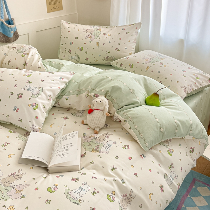 91家纺网 家纺一手货源 找家纺 首尔家纺 2026新款全棉纯棉小清新四件套 月下小兔