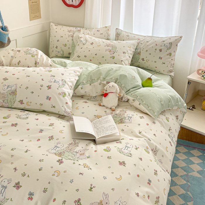 91家纺网 家纺一手货源 找家纺 首尔家纺 2026新款全棉纯棉小清新四件套 月下小兔