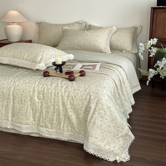 91家纺网 家纺一手货源 找家纺 慕晨 2026新款天丝莱赛尔棉麻数码印色织花边夏被四件套高级田园美式直播热款 归宁