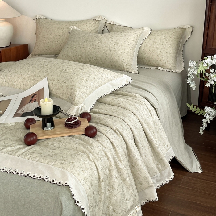 91家纺网 家纺一手货源 找家纺 慕晨 2026新款天丝莱赛尔棉麻数码印色织花边夏被四件套高级田园美式直播热款 归宁