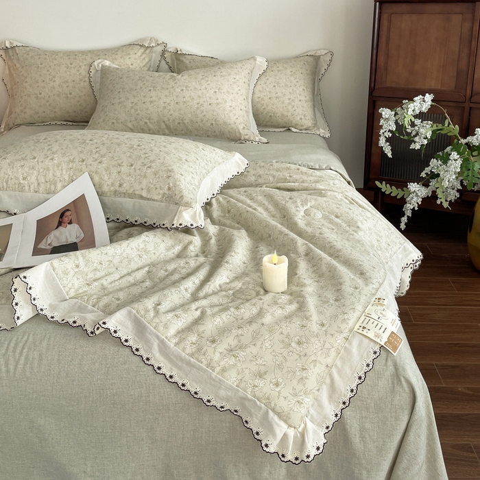 91家纺网 家纺一手货源 找家纺 慕晨 2026新款天丝莱赛尔棉麻数码印色织花边夏被四件套高级田园美式直播热款 归宁