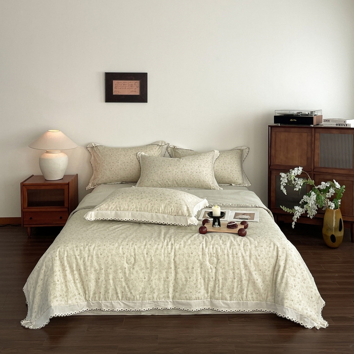 91家纺网 家纺一手货源 找家纺 慕晨 2026新款天丝莱赛尔棉麻数码印色织花边夏被四件套高级田园美式直播热款 归宁