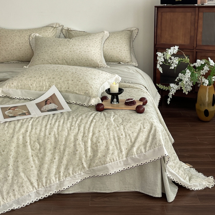 慕晨 2026新款天丝莱赛尔棉麻数码印色织花边夏被四件套高级田园美式直播热款 归宁