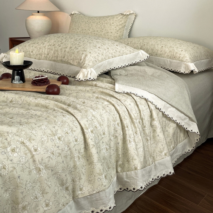 91家纺网 家纺一手货源 找家纺 慕晨 2026新款天丝莱赛尔棉麻数码印色织花边夏被四件套高级田园美式直播热款 归宁