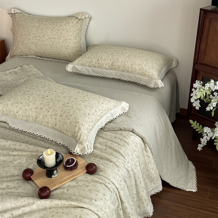 91家纺网 家纺一手货源 找家纺 慕晨 2026新款天丝莱赛尔棉麻数码印色织花边夏被四件套高级田园美式直播热款 归宁