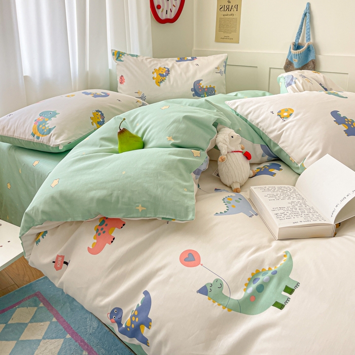 91家纺网 家纺一手货源 找家纺 首尔家纺 2026新款全棉纯棉小清新四件套 时尚恐龙