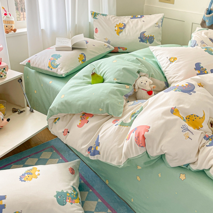 91家纺网 家纺一手货源 找家纺 首尔家纺 2026新款全棉纯棉小清新四件套 时尚恐龙