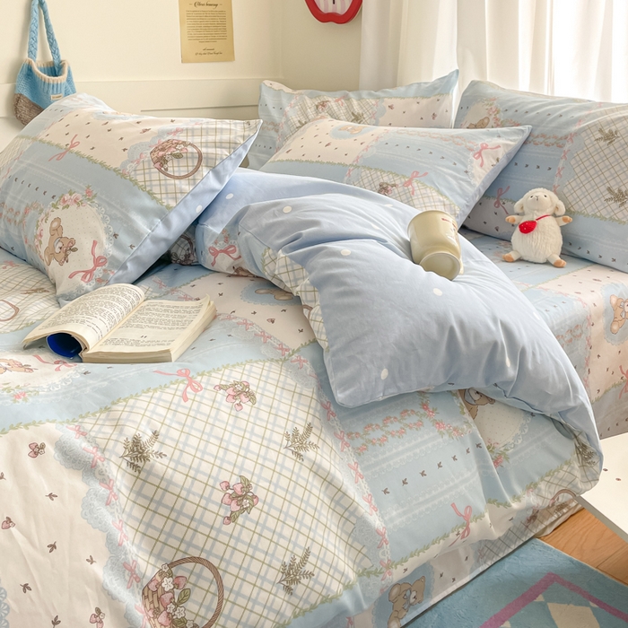 91家纺网 家纺一手货源 找家纺 首尔家纺 2026新款全棉纯棉小清新四件套 中古小花熊