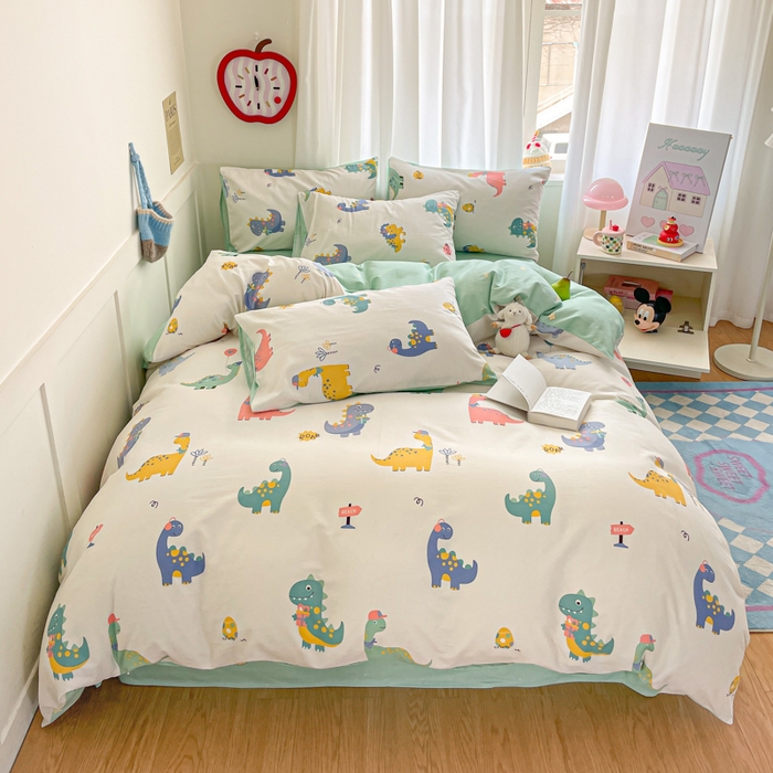 91家纺网 家纺一手货源 找家纺 首尔家纺 2026新款全棉纯棉小清新四件套 时尚恐龙