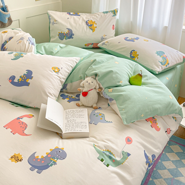 91家纺网 家纺一手货源 找家纺 首尔家纺 2026新款全棉纯棉小清新四件套 时尚恐龙