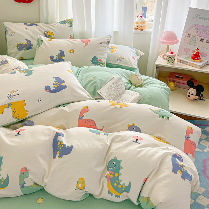 91家纺网 家纺一手货源 找家纺 首尔家纺 2026新款全棉纯棉小清新四件套 时尚恐龙