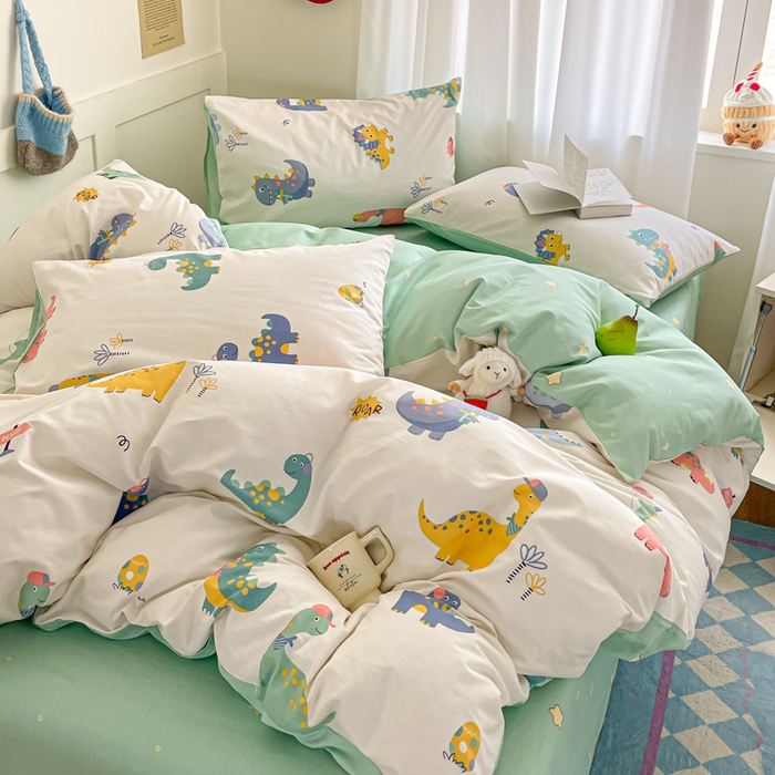 91家纺网 家纺一手货源 找家纺 首尔家纺 2026新款全棉纯棉小清新四件套 时尚恐龙