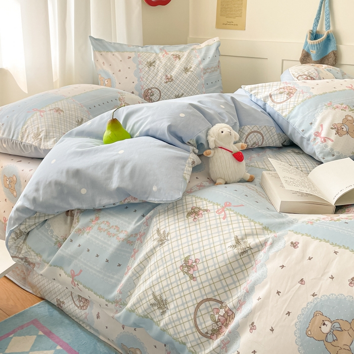 91家纺网 家纺一手货源 找家纺 首尔家纺 2026新款全棉纯棉小清新四件套 中古小花熊