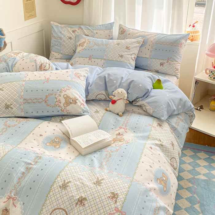 91家纺网 家纺一手货源 找家纺 首尔家纺 2026新款全棉纯棉小清新四件套 中古小花熊