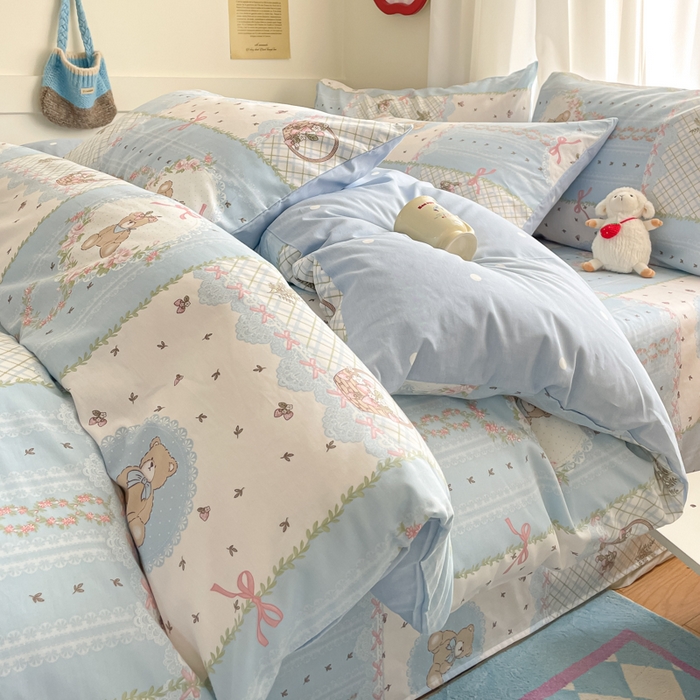 91家纺网 家纺一手货源 找家纺 首尔家纺 2026新款全棉纯棉小清新四件套 中古小花熊