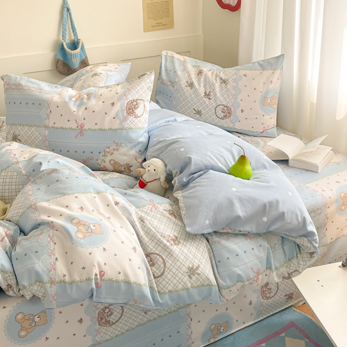 91家纺网 家纺一手货源 找家纺 首尔家纺 2026新款全棉纯棉小清新四件套 中古小花熊