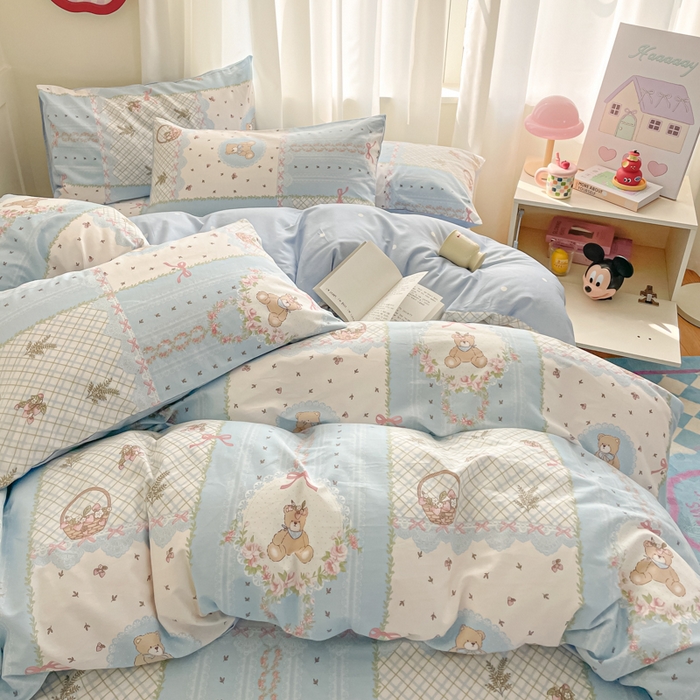 91家纺网 家纺一手货源 找家纺 首尔家纺 2026新款全棉纯棉小清新四件套 中古小花熊