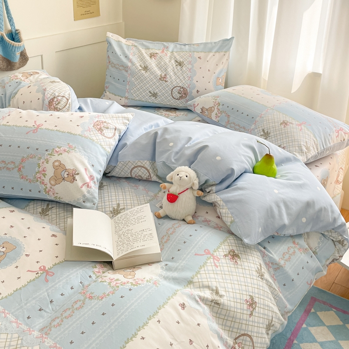 91家纺网 家纺一手货源 找家纺 首尔家纺 2026新款全棉纯棉小清新四件套 中古小花熊