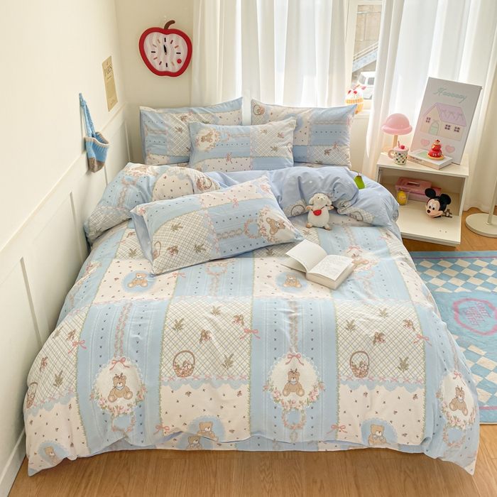 91家纺网 家纺一手货源 找家纺 首尔家纺 2026新款全棉纯棉小清新四件套 中古小花熊