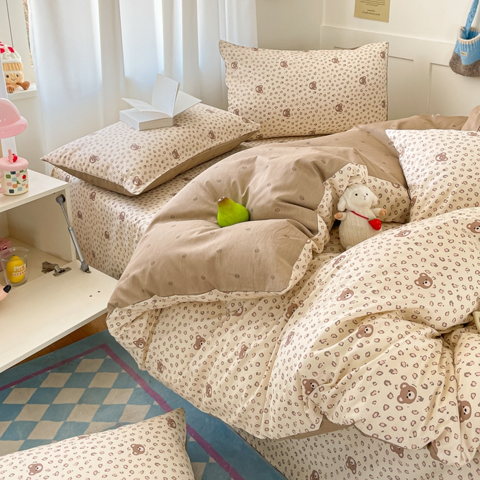 91家纺网 家纺一手货源 找家纺 首尔家纺 2026新款全棉纯棉小清新四件套 豹纹小熊