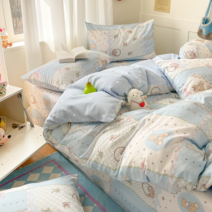 91家纺网 家纺一手货源 找家纺 首尔家纺 2026新款全棉纯棉小清新四件套 中古小花熊