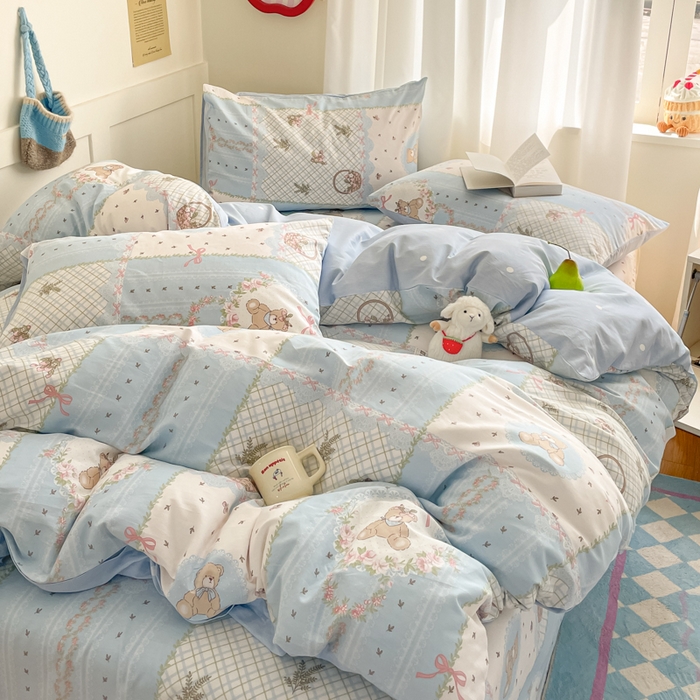 91家纺网 家纺一手货源 找家纺 首尔家纺 2026新款全棉纯棉小清新四件套 中古小花熊