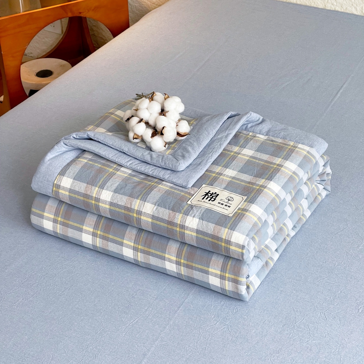 梵克保罗 2026春夏新款水洗棉新疆棉花被绗缝款夏被系列单夏被夏凉被空调被 棉花被-简兮蓝