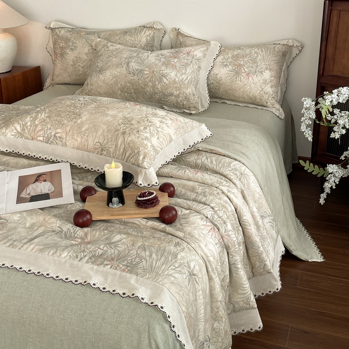 91家纺网 家纺一手货源 找家纺 慕晨 2026新款天丝莱赛尔棉麻数码印色织花边夏被四件套高级田园美式直播热款 禾风