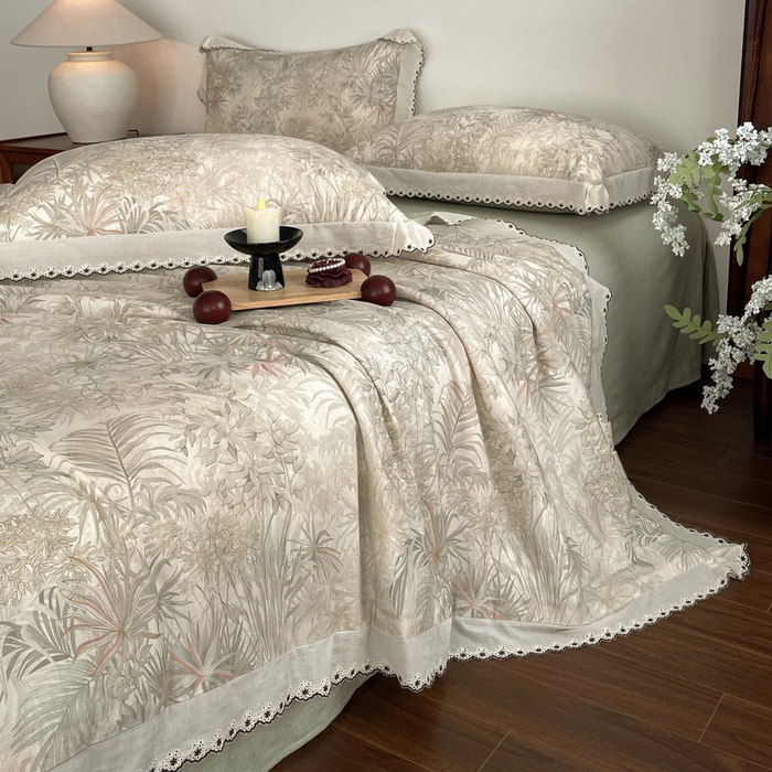 91家纺网 家纺一手货源 找家纺 慕晨 2026新款天丝莱赛尔棉麻数码印色织花边夏被四件套高级田园美式直播热款 禾风