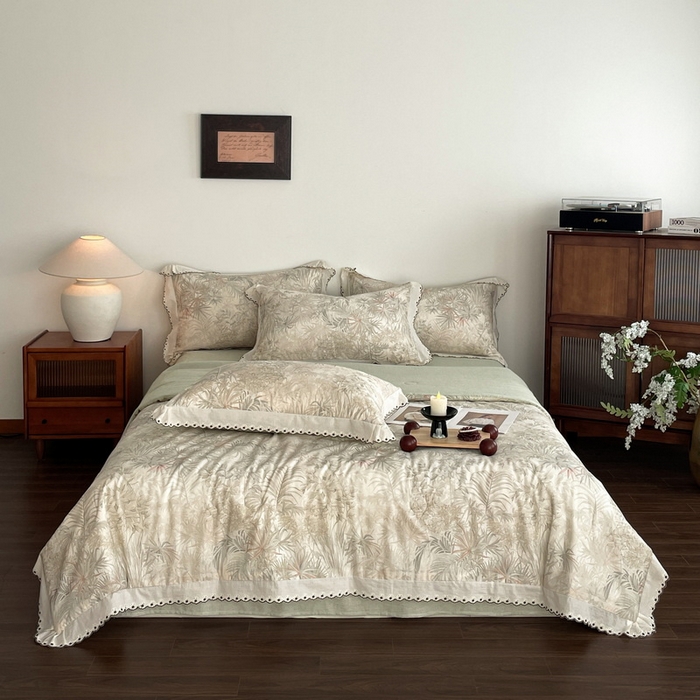 91家纺网 家纺一手货源 找家纺 慕晨 2026新款天丝莱赛尔棉麻数码印色织花边夏被四件套高级田园美式直播热款 禾风