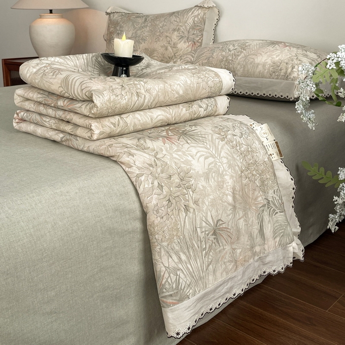 91家纺网 家纺一手货源 找家纺 慕晨 2026新款天丝莱赛尔棉麻数码印色织花边夏被四件套高级田园美式直播热款 禾风