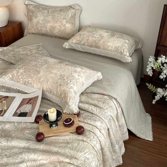 91家纺网 家纺一手货源 找家纺 慕晨 2026新款天丝莱赛尔棉麻数码印色织花边夏被四件套高级田园美式直播热款 禾风