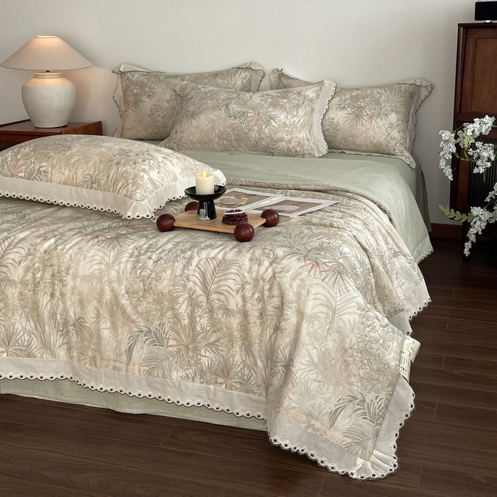 91家纺网 家纺一手货源 找家纺 慕晨 2026新款天丝莱赛尔棉麻数码印色织花边夏被四件套高级田园美式直播热款 禾风