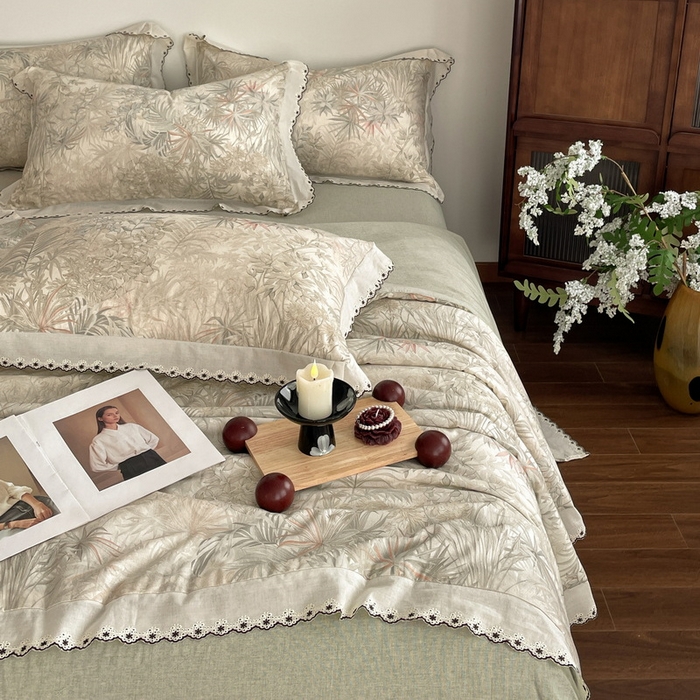 91家纺网 家纺一手货源 找家纺 慕晨 2026新款天丝莱赛尔棉麻数码印色织花边夏被四件套高级田园美式直播热款 禾风