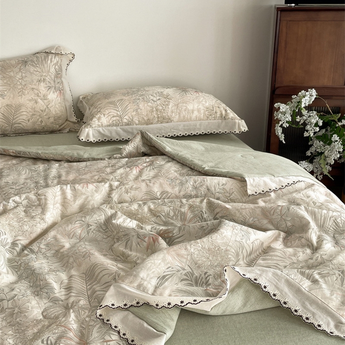 91家纺网 家纺一手货源 找家纺 慕晨 2026新款天丝莱赛尔棉麻数码印色织花边夏被四件套高级田园美式直播热款 禾风