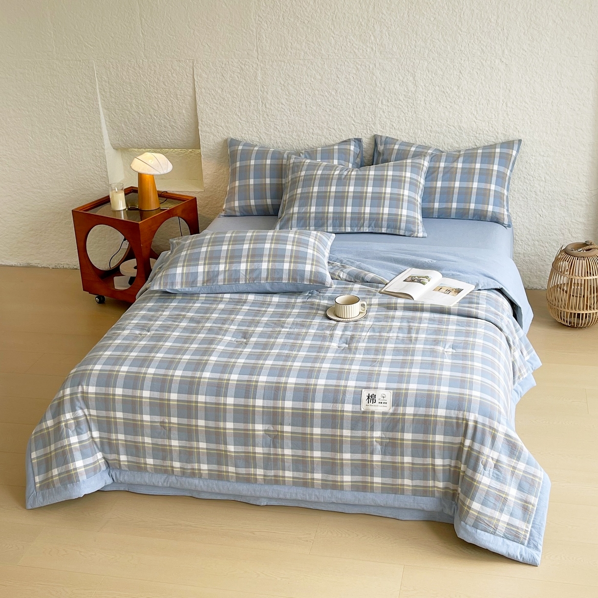 91家纺网 家纺一手货源 找家纺 梵克保罗 2026春夏新款水洗棉新疆棉花被绗缝款夏被系列单夏被夏凉被空调被 棉花被-简兮蓝