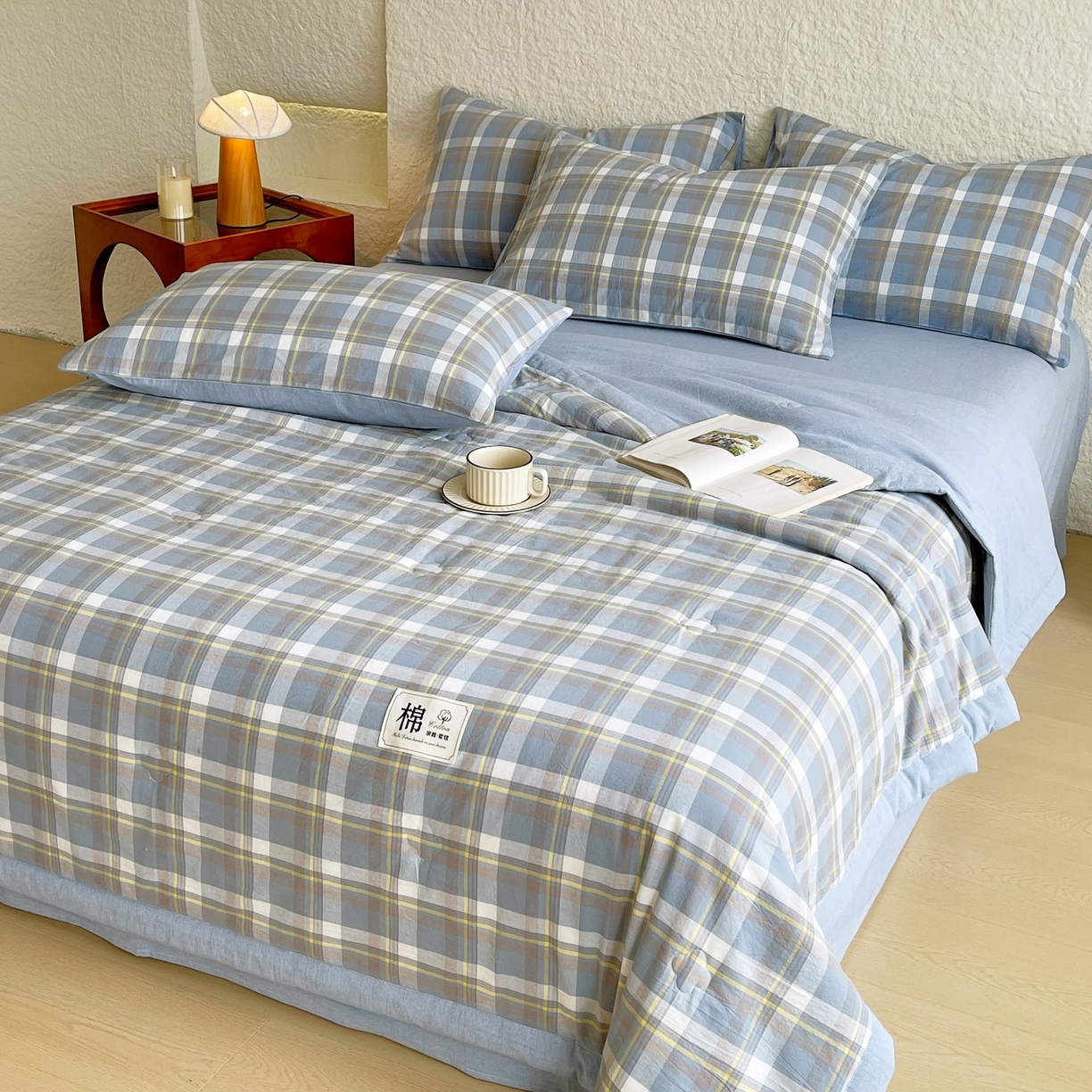 91家纺网 家纺一手货源 找家纺 梵克保罗 2026春夏新款水洗棉新疆棉花被绗缝款夏被系列单夏被夏凉被空调被 棉花被-简兮蓝