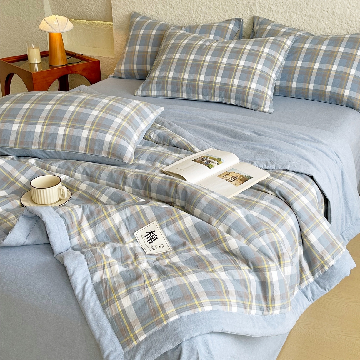 91家纺网 家纺一手货源 找家纺 梵克保罗 2026春夏新款水洗棉新疆棉花被绗缝款夏被系列单夏被夏凉被空调被 棉花被-简兮蓝