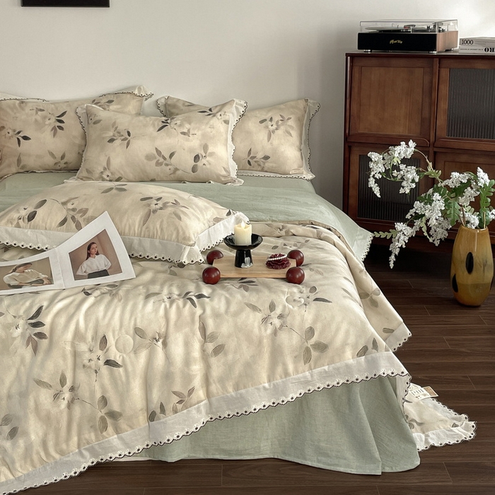 慕晨 2026新款天丝莱赛尔棉麻数码印色织花边夏被四件套高级田园美式直播热款 漫夏