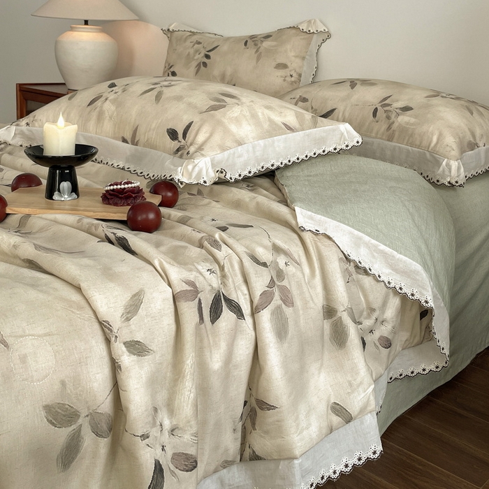 91家纺网 家纺一手货源 找家纺 慕晨 2026新款天丝莱赛尔棉麻数码印色织花边夏被四件套高级田园美式直播热款 漫夏