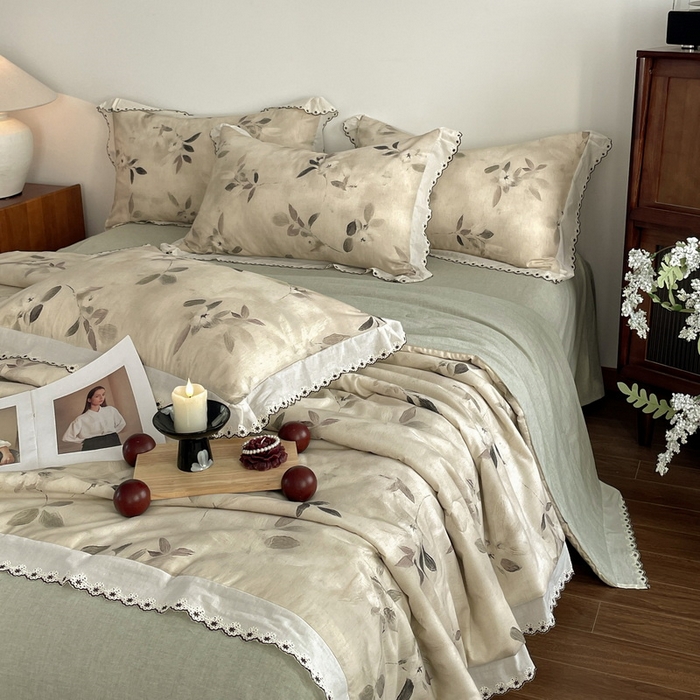 91家纺网 家纺一手货源 找家纺 慕晨 2026新款天丝莱赛尔棉麻数码印色织花边夏被四件套高级田园美式直播热款 漫夏