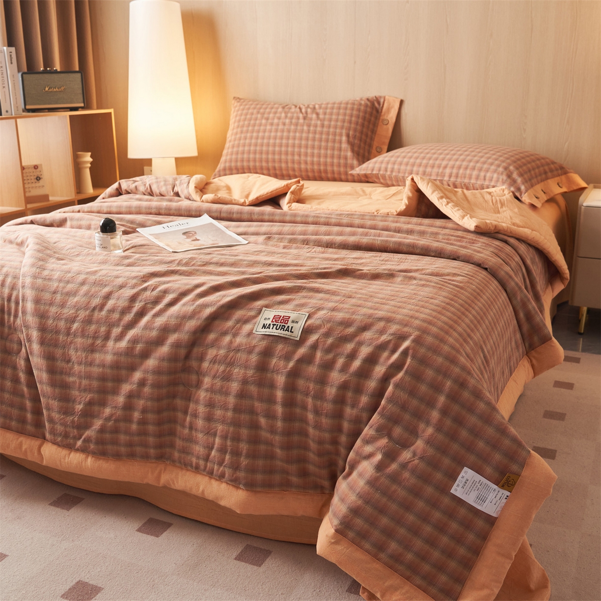 91家纺网 家纺一手货源 找家纺 恬思语家纺 2026春夏新款全棉加密色织棉花夏凉被夏被四件套-美拉德系列 云柚桔