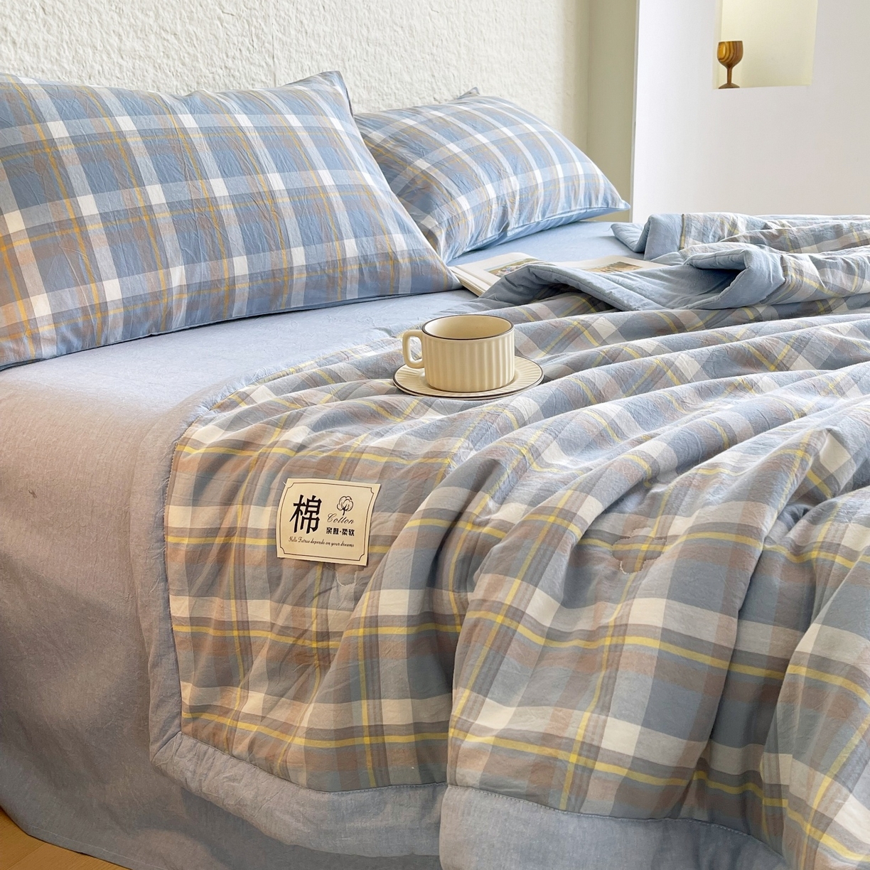 91家纺网 家纺一手货源 找家纺 梵克保罗 2026春夏新款水洗棉新疆棉花被绗缝款夏被系列单夏被夏凉被空调被 棉花被-简兮蓝