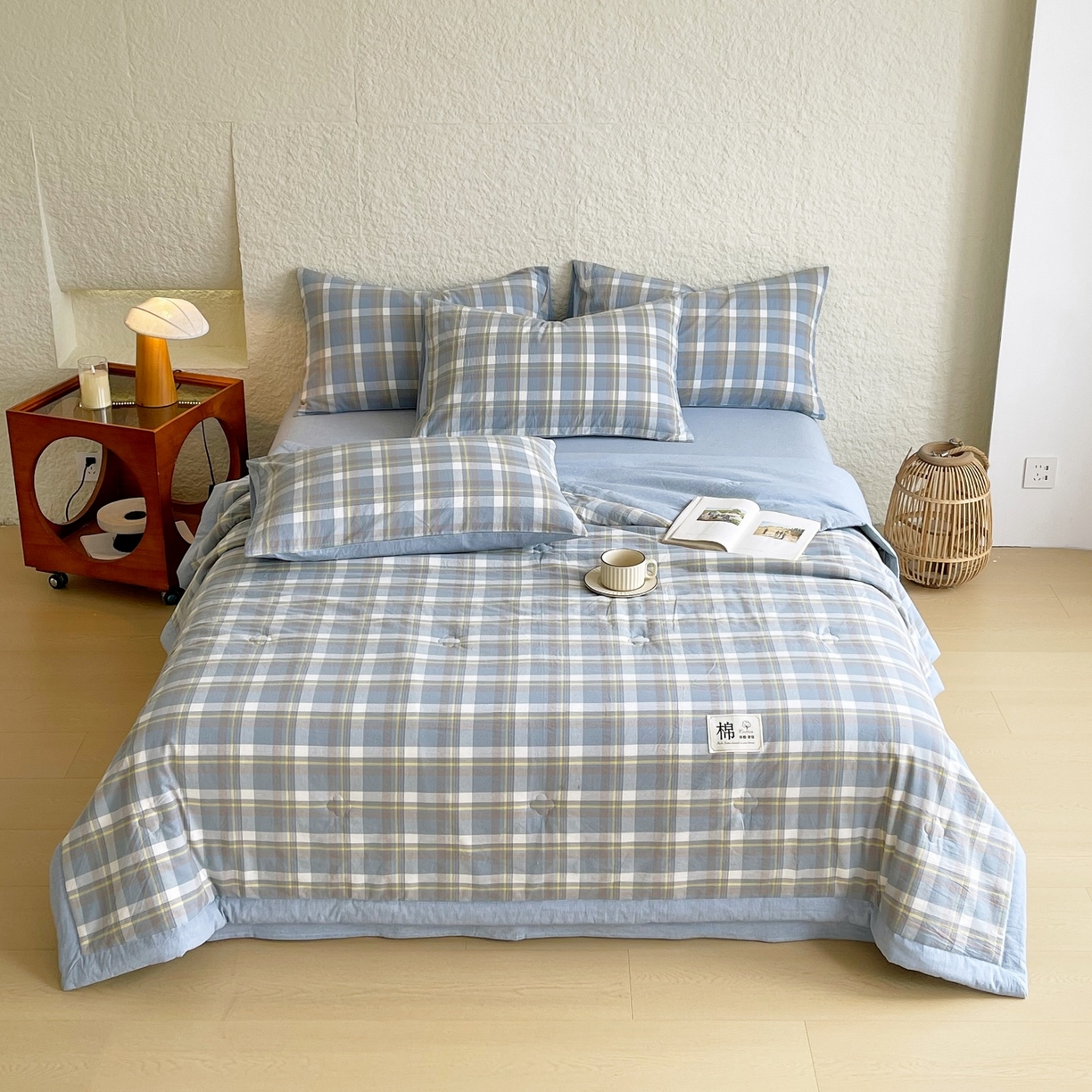 91家纺网 家纺一手货源 找家纺 梵克保罗 2026春夏新款水洗棉新疆棉花被绗缝款夏被系列单夏被夏凉被空调被 棉花被-简兮蓝