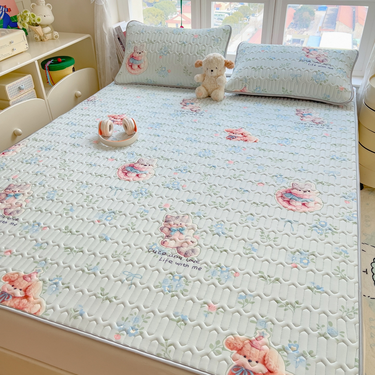 丝羽坊 2026新款高密凉感丝印花乳胶凉席-平铺款 花田小猫