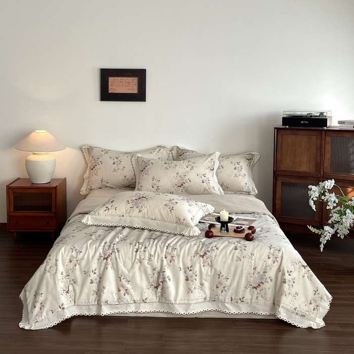 91家纺网 家纺一手货源 找家纺 慕晨 2026新款天丝莱赛尔棉麻数码印色织花边夏被四件套高级田园美式直播热款 浅棠