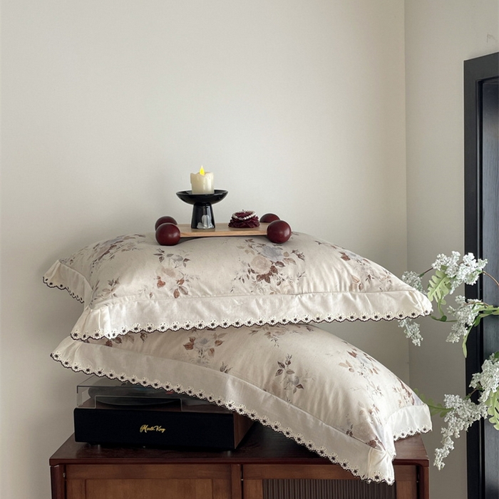 91家纺网 家纺一手货源 找家纺 慕晨 2026新款天丝莱赛尔棉麻数码印色织花边夏被四件套高级田园美式直播热款 浅棠